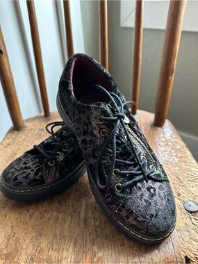 Spring Step Black Leopard Print Lace-Up Sneakers with Side Zip
